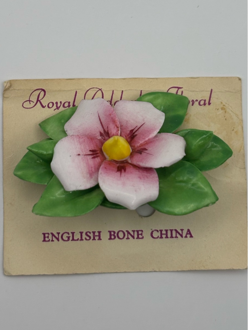 Vintage Royal Adderley Pink Flower Brooch with Green Leaves - Picture 3 of 9